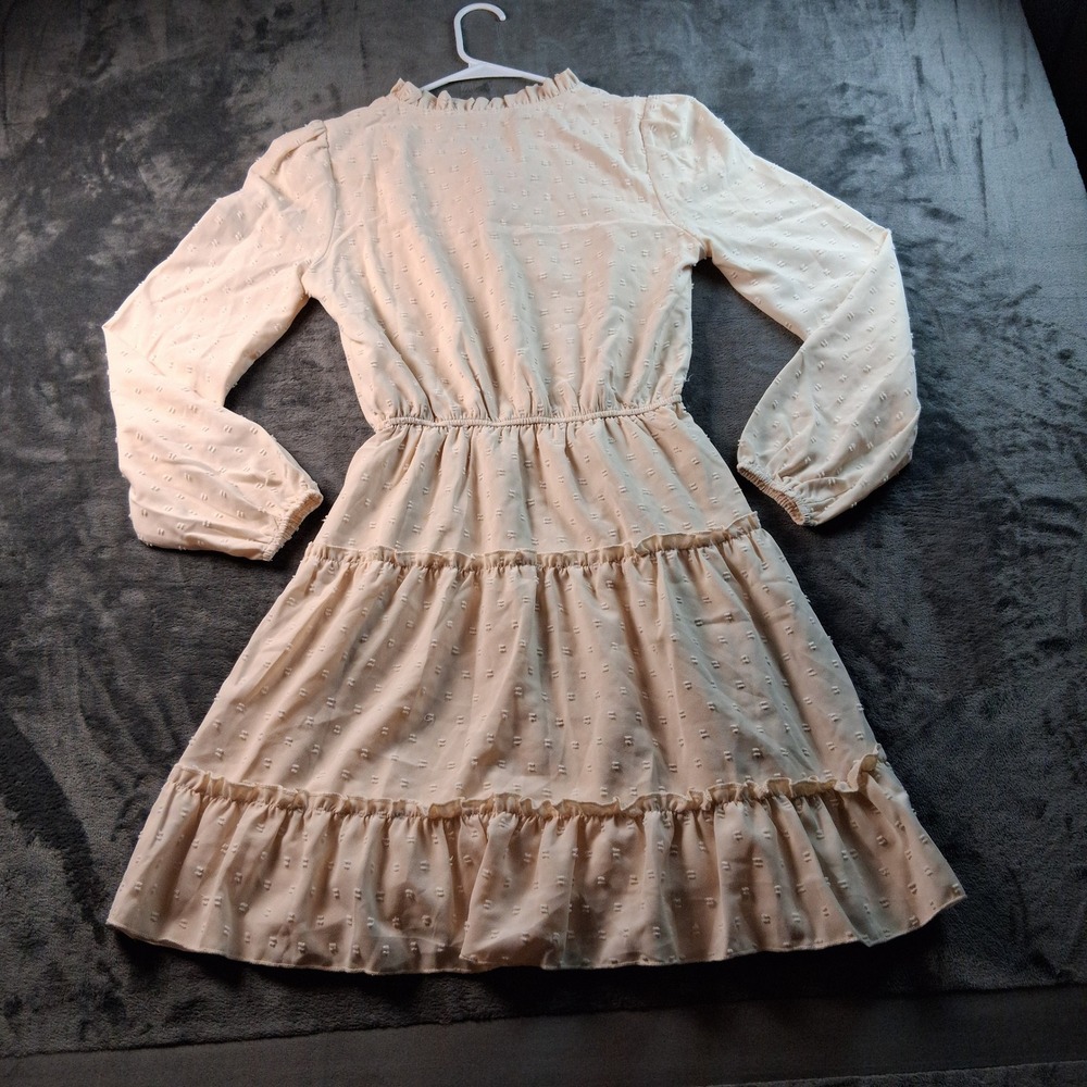 NWT Cupshe Mini Dress Womens XS Cream Swiss Dot Tiered Ruffle Long Sleeve Boho - Picture 3 of 8